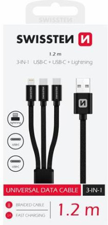 SWISSTEN DATOVÝ KABEL TEXTILE 3in1 1,2 M ČERNÝ (Lightning, 2x USB-C) | AutoMax Group