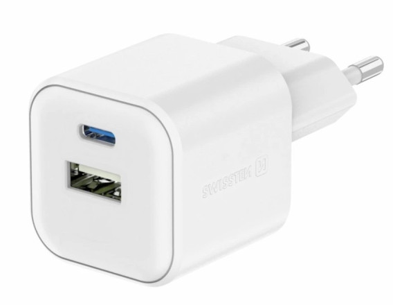 SWISSTEN SÍŤOVÝ ADAPTÉR GaN 1x USB-C 20W PD A 1x USB-A 18W QC BÍLÝ | AutoMax Group