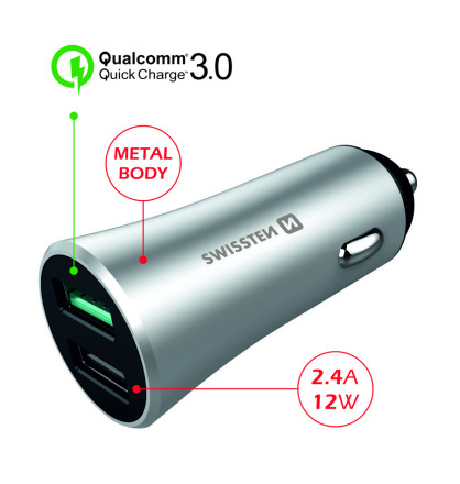 Nabíjačka USB 12 / 24V SWISSTEN QUICK CHARGE 3.0 + USB 2,4A strieborná | AutoMax Group