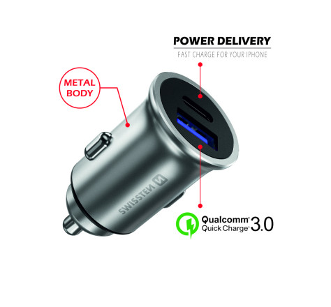 Nabíječka USB 12/24V SWISSTEN USB-C + QUICK CHARGE 3.0 36W stříbrná | AutoMax Group